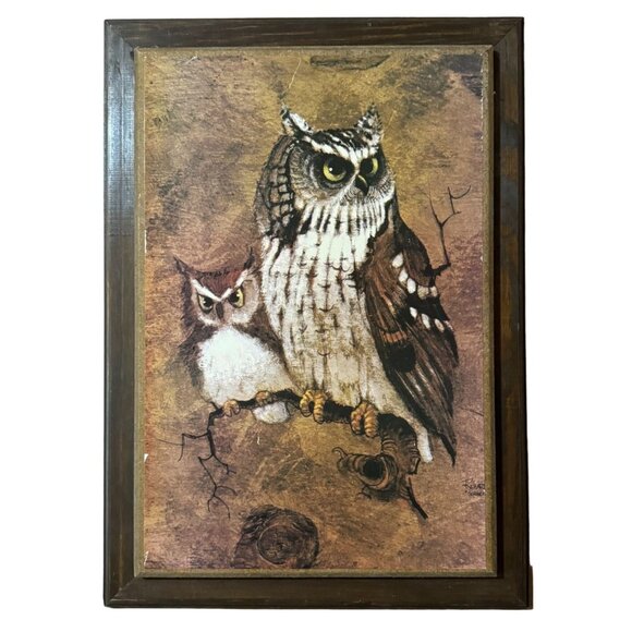 Vtg Screech Owl Framed Applique MCM Art Work Signed Richard Hinger 21" X 15"